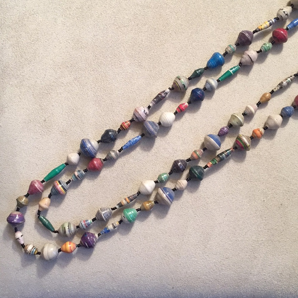 Up-cycled paper bead necklace, extra long